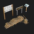 Stone and Wood Logs Stack with Axe and Forest Management Signs 3d model