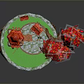 Floating Island Scene With Windmill Red Tree Green Grass And Stone Wall