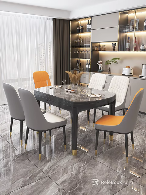 Modern Dining Table Set With Marble Top Black Frame Gold Legs And Orange Gray Chairs 3d model 