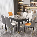 Modern Dining Table Set With Marble Top Black Frame Gold Legs And Orange Gray Chairs