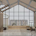 Front Desk Reception Area With Modern Wooden Ceiling Large Windows Marble Floor Water Feature And Small Tree
