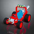 Red And Blue Toy Car With Yellow Headlights Big Black Wheels And Silver Exhaust