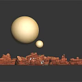 Cartoon Scene With Large Yellow Sphere Smaller Sphere Red Rocky Landscape And Small Cartoon Elements