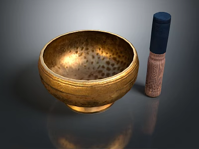 Tableware Set Featuring Golden Hammered Bowl And Wooden Container With Blue Lid 3d model