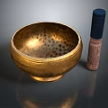 Tableware Set Featuring Golden Hammered Bowl And Wooden Container With Blue Lid