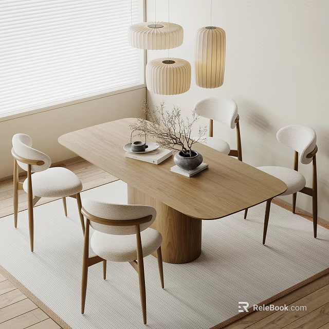 Modern Minimalist Dining Table Set With Upholstered Chairs Wooden Tabletop Coffee Cups Books Potted Plant And Pendant Lights 3d model 
