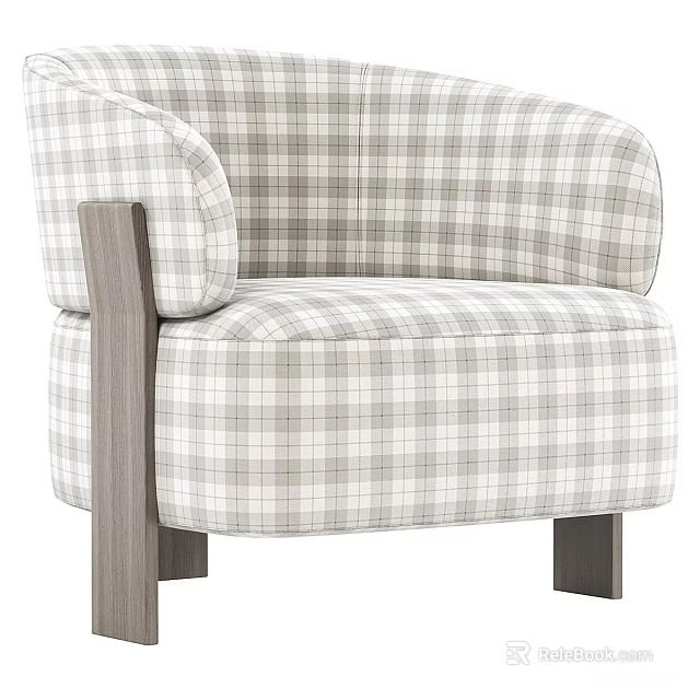 Stylish Upholstered Plaid Pattern Accent Chair With Wooden Armrests And Legs 3d model 