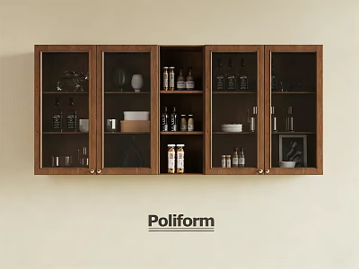 Poliform Wooden Cabinets with Glass Doors Displaying Dishes Bottles and Kitchenware in Modern Kitchen Setting 3d model