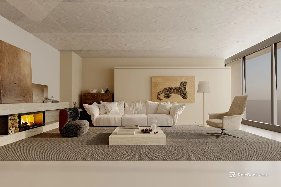 Modern Living Room Interior With White Sofa Leopard Painting Fireplace And Floor Lamp 3d model 