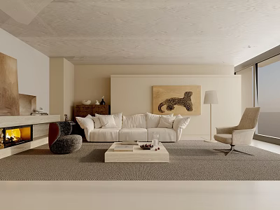 Modern Living Room Interior With White Sofa Leopard Painting Fireplace And Floor Lamp 3d model