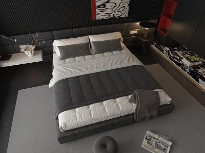 Modern Double Bed with Black Headboard Gray White Bedding Nightstand Table Lamp and Decorative Rug 3d model