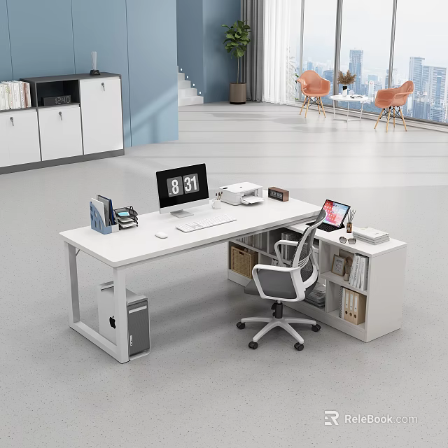 Modern White Office Desk With Computer Printer Phone And Laptop With Office Chair 3d model 
