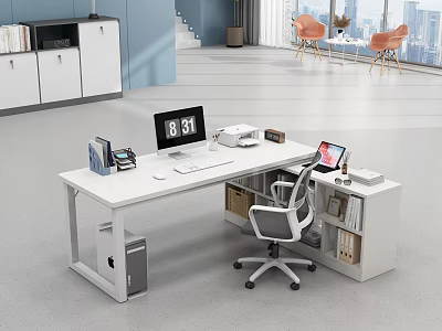 Modern White Office Desk With Computer Printer Phone And Laptop With Office Chair 3d model