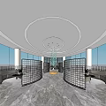 Modern Sales Office Interior With Circular Ceiling Large Chandelier City View Windows And Marble Flooring