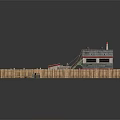 3D Model Scene of Wooden Fenced Sandy Area With Buildings And Mechanical Structure