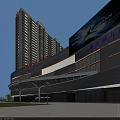 Modern Commercial Complex With High-Rise Towers Retail Podium LED Screen And Surrounding Trees Vehicles