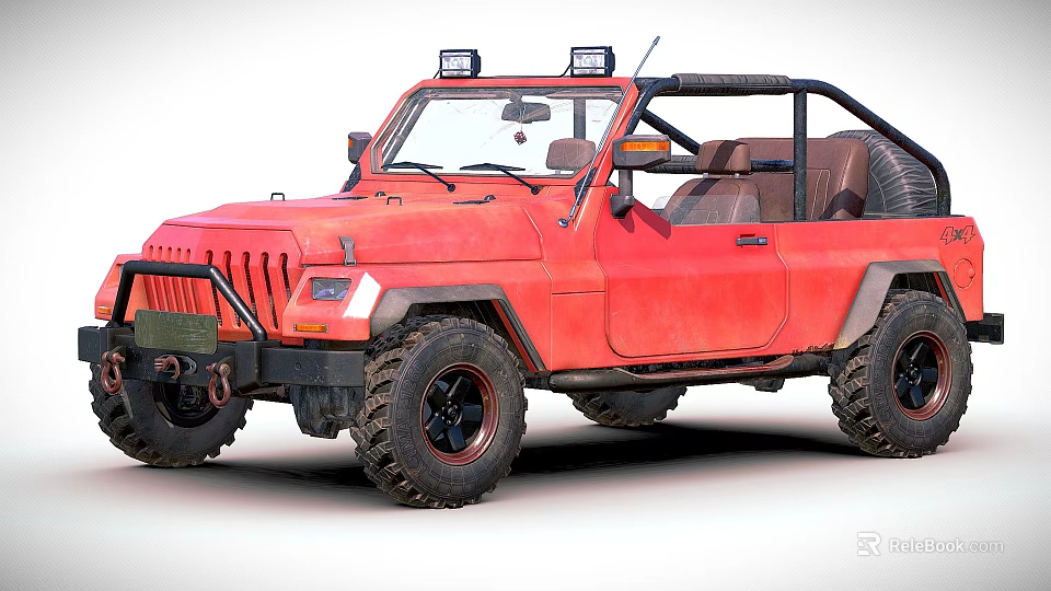 Red Open Top Off Road Vehicle With Roof Mounted Lights And Brown Seats 3d model 