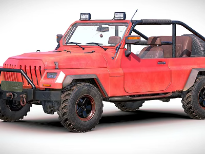 Red Open Top Off Road Vehicle With Roof Mounted Lights And Brown Seats 3d model