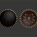 Decorative Circular Shield With Black And Red Colors Golden Stripes On Edges And Symmetrical Design
