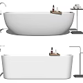 Sleek Modern Freestanding White Bathtub With Metal Faucet Wooden Tray Bath Products And Towel Stand