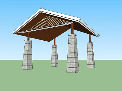 Outdoor Pavilion with Stone Pillars Brown Roof Wooden Lattice Blue Sky and Green Lawn 3d model