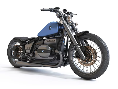 BMW Blue And Black Retro Cruiser Motorcycle With Leather Seat And Spoked Wheels 3d model