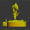 Cartoon Character Boy In Blue Outfit Standing On Red Base With Horned Creature Head