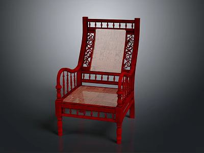 Red Wooden Leisure Chair Featuring Carved Backrest Armrests And Woven Seat 3d model