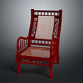 Red Wooden Leisure Chair Featuring Carved Backrest Armrests And Woven Seat