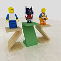 Colorful Display Shelves Showcasing Lego Figures and Robot with Green White Yellow Stands