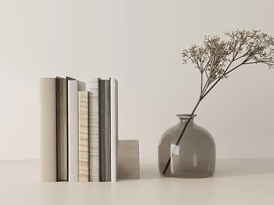 Decorative Ornament Set With Stacked Books Glass Vase And Dried Flowers 3d model