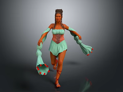 Woman In Light Green Off Shoulder Dress With Decorative Waist And Flowing Red Accent Ribbons 3d model