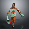 Woman In Light Green Off Shoulder Dress With Decorative Waist And Flowing Red Accent Ribbons