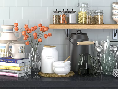 Stylish Kitchenware Display With Glass Jars Metal Utensils Ceramic Bowls And Vase On Black Countertop 3d model