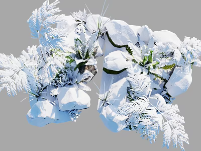 Natural Winter Flower Arrangement With Snow Covered Green Leaves And White Stones 3d model