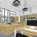 Public Office Space Open Layout with Wooden Desks Computers Table Lamps Bookshelves and Large Windows