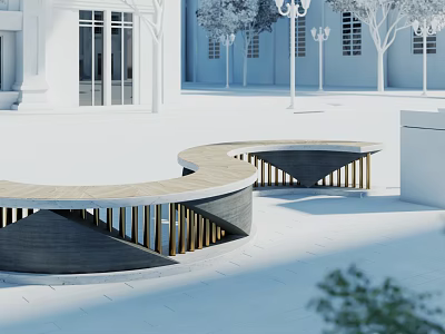 Modern Outdoor Landscape Seating With Curved Wooden Surface In Urban Square With Buildings And Trees 3d model