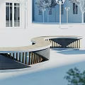 Modern Outdoor Landscape Seating With Curved Wooden Surface In Urban Square With Buildings And Trees