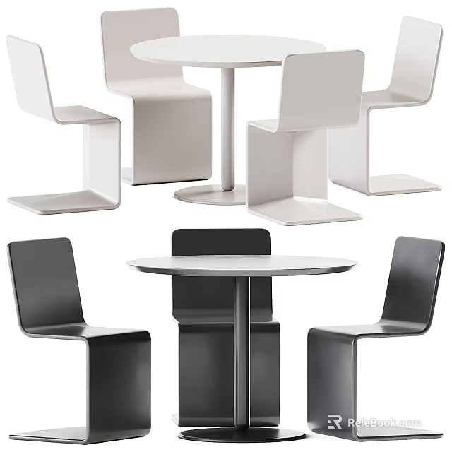 Modern Round Table with Stylish Curved Chairs in Black and White Color Combination 3d model 