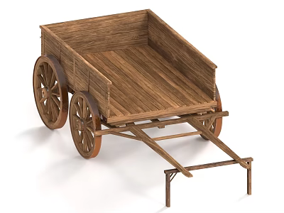 Vintage Wooden Cart With Large Spoked Wheels And Flat Bed Structure 3d model