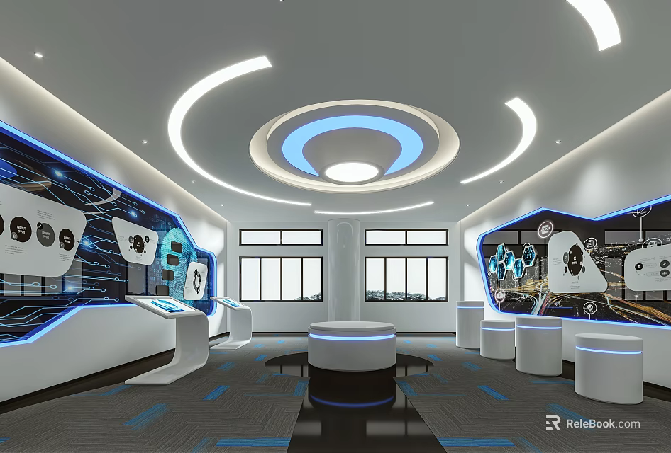 Modern Tech Exhibition Hall Interior With Circular Ceiling Blue Lighting And Interactive Displays 3d model