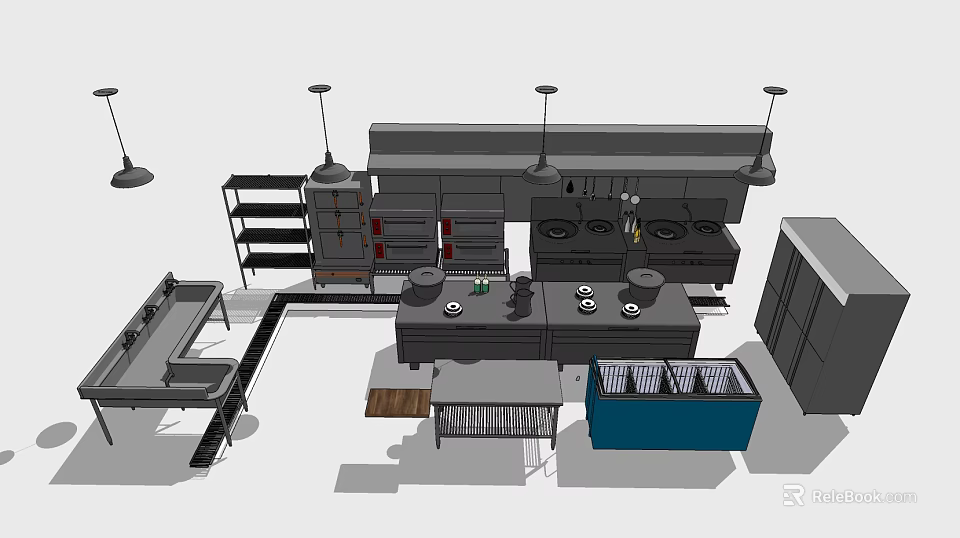 Commercial Kitchen Appliances Setup With Multiple Stoves Range Hoods And Sinks 3d model