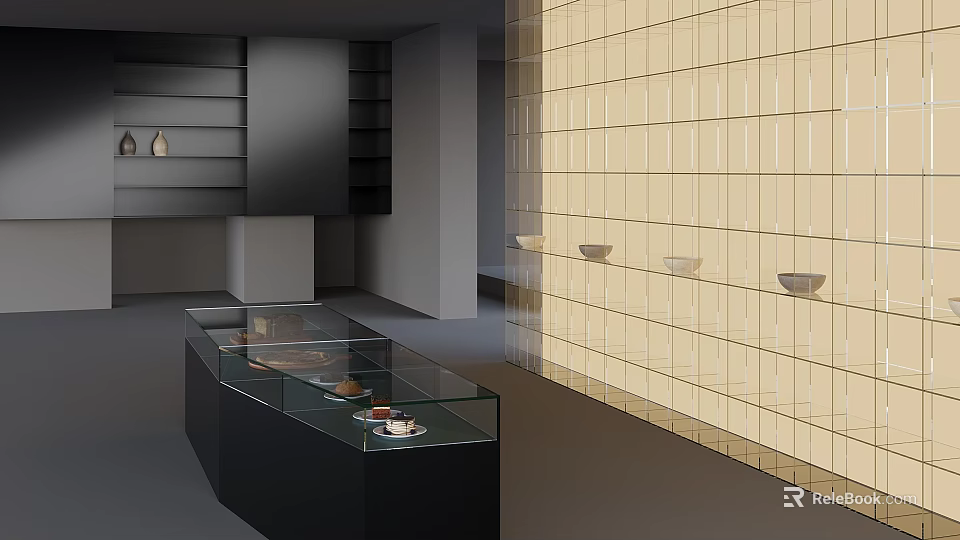 Modern Glass Display Cabinet With Black Base And Grey Shelves Against Yellow Tiled Wall 3d model 