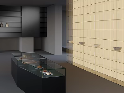 Modern Glass Display Cabinet With Black Base And Grey Shelves Against Yellow Tiled Wall 3d model