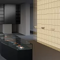 Modern Glass Display Cabinet With Black Base And Grey Shelves Against Yellow Tiled Wall