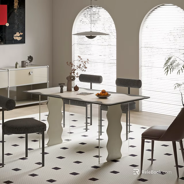 Modern Restaurant Interior Featuring White Top Dining Table Scalloped Legs Upholstered Chairs Arched Windows Blinds 3d model 