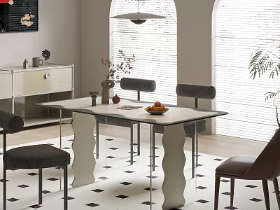 Modern Restaurant Interior Featuring White Top Dining Table Scalloped Legs Upholstered Chairs Arched Windows Blinds 3d model
