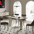 Modern Restaurant Interior Featuring White Top Dining Table Scalloped Legs Upholstered Chairs Arched Windows Blinds