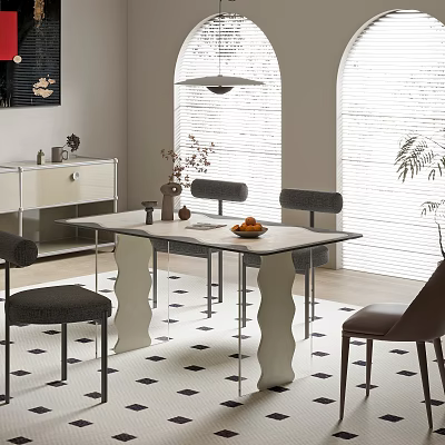 Modern Restaurant Interior Featuring White Top Dining Table Scalloped Legs Upholstered Chairs Arched Windows Blinds 3d model
