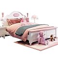 Cozy Kids Bed With White Frame Pink Bedding Plush Toys Nightstand Lamp And Rug